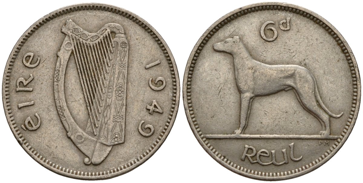 Ирландия 6 пенсов 1949 ирландский волкодав KM 13a медно-никель 4189-717