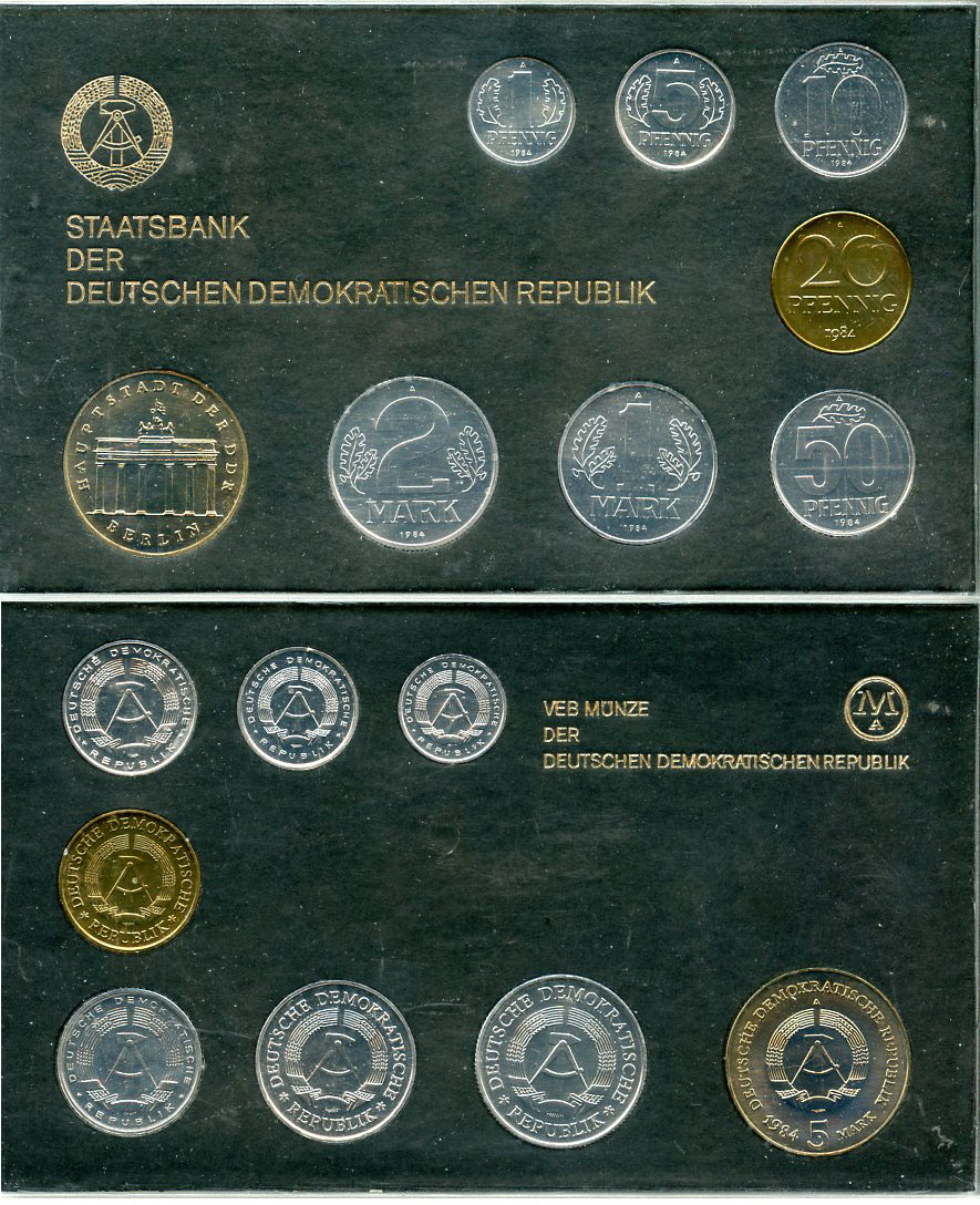 ГДР официальный набор из 8 монет включая 5 марок Бранденбургские ворота 1984 тираж 4500 экземпляров, твердый пластик KM MS9   UNC  8-2-04-10