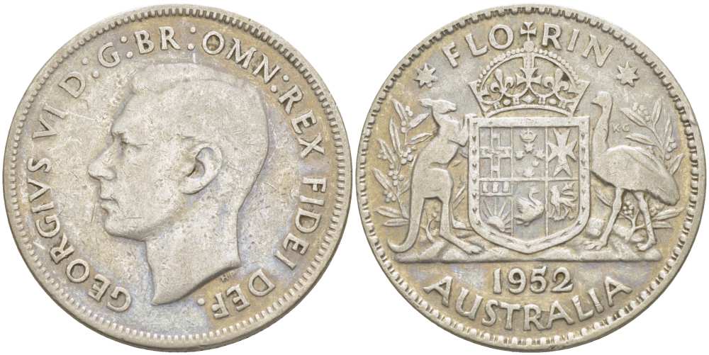 АВСТРАЛИЯ 1 ФЛОРИН 1952 ГЕОРГ VI (1937-1952), ГЕРБ АВСТРАЛИИ, ПРОБА 500, ДИАМЕТР 28,5 ММ. KM 48 серебро 4512-1232