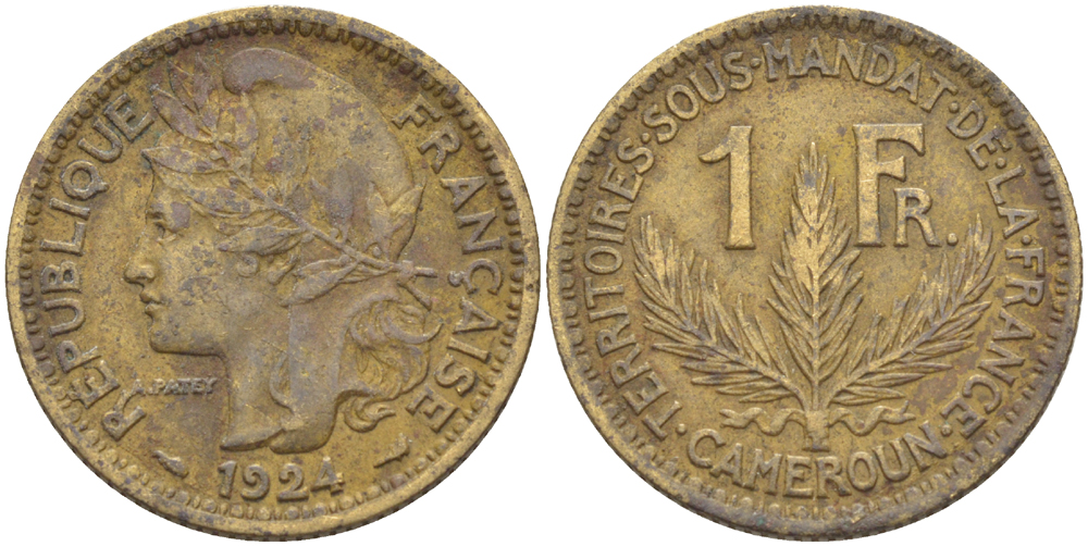 Французский Камерун 1 франк 1924 (а), монетный двор Париж KM 2 алюминиевая бронза 24-744