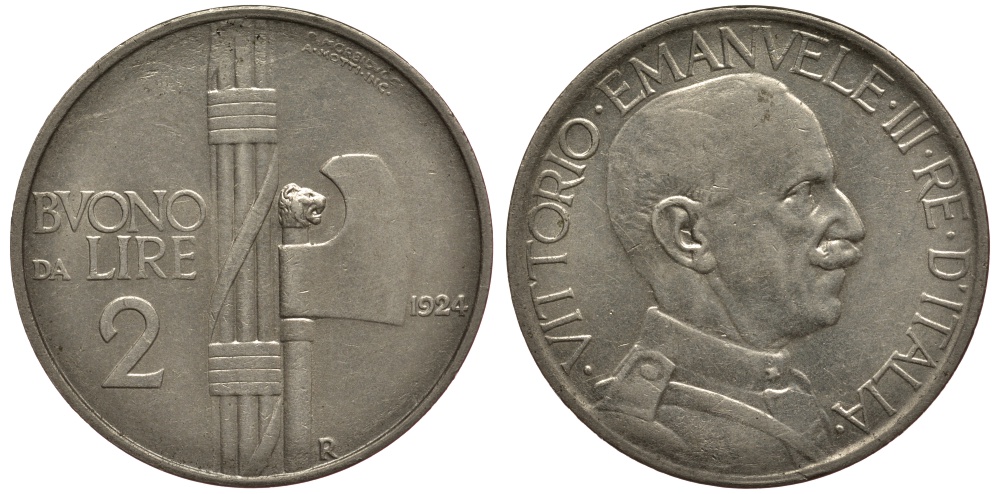 ИТАЛИЯ 2 ЛИРЫ 1924 R, ВИКТОРИО ИМАНУИЛ III (1900-1946) KM 63 никель XF 3896-922