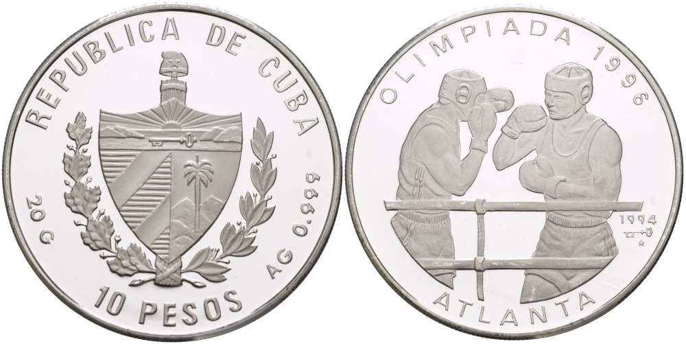 Куба 10 песо 1994 XXVI летние Олимпийские игры 1996 года в Атланте, бокс KM 469 серебро PROOF 1069-10-43
