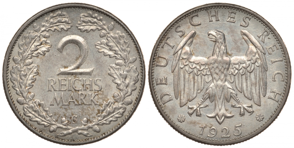 Германия 2 рейхсмарки 1925 G, цена по каталогу MT 230 евро J. 320, KM 45 серебро  UNC  00-803-56