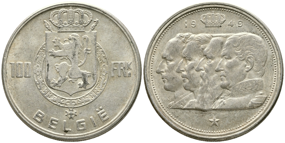 Бельгия 100 франков 1949 Belgie, королевская династия KM 139.1 серебро 1526-1322