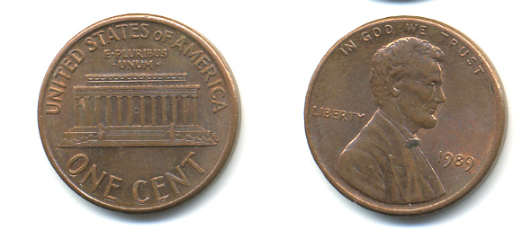 США 1 цент 1989 Линкольн KM 201b цинк плакированный медью 86-244