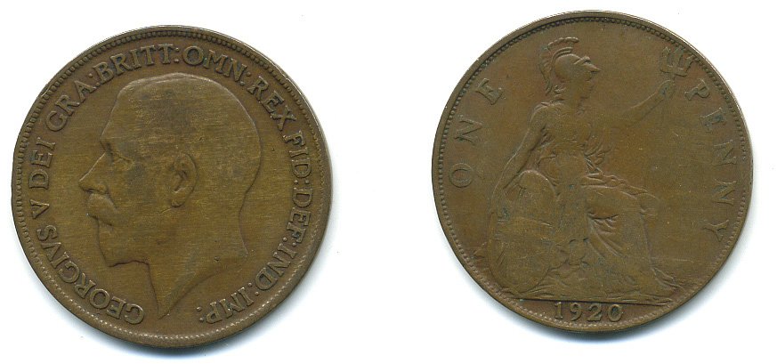 Великобритания 1 пенни 1920 Георг V (1910-1936) КМ 810, Spink 4051 бронза 4110-226