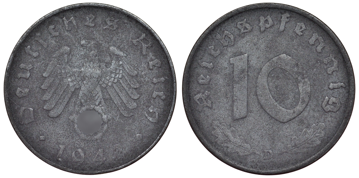 Германия 10 рейхспфеннигов 1942 D KM 101, J. 371 цинк 4121-1037