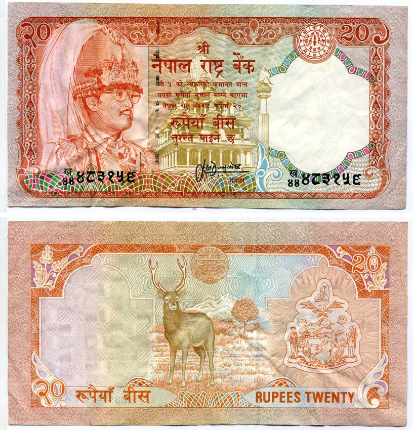 Непал 20 рупий 1995-2000 подпись 13, ДЛИННА НОМЕРА СЕРИИ 20 мм. Pick 38b(2) бумага VF-XF 2119-39-3-1