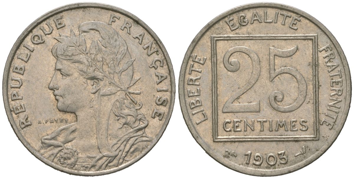 Франция 25 сантимов 1903 KM 855 никель 113-625