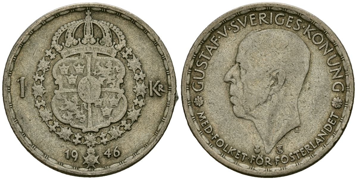 Швеция 1 крона 1946 TS, Густав V (1907-1950) KM 814 серебро 4177-947