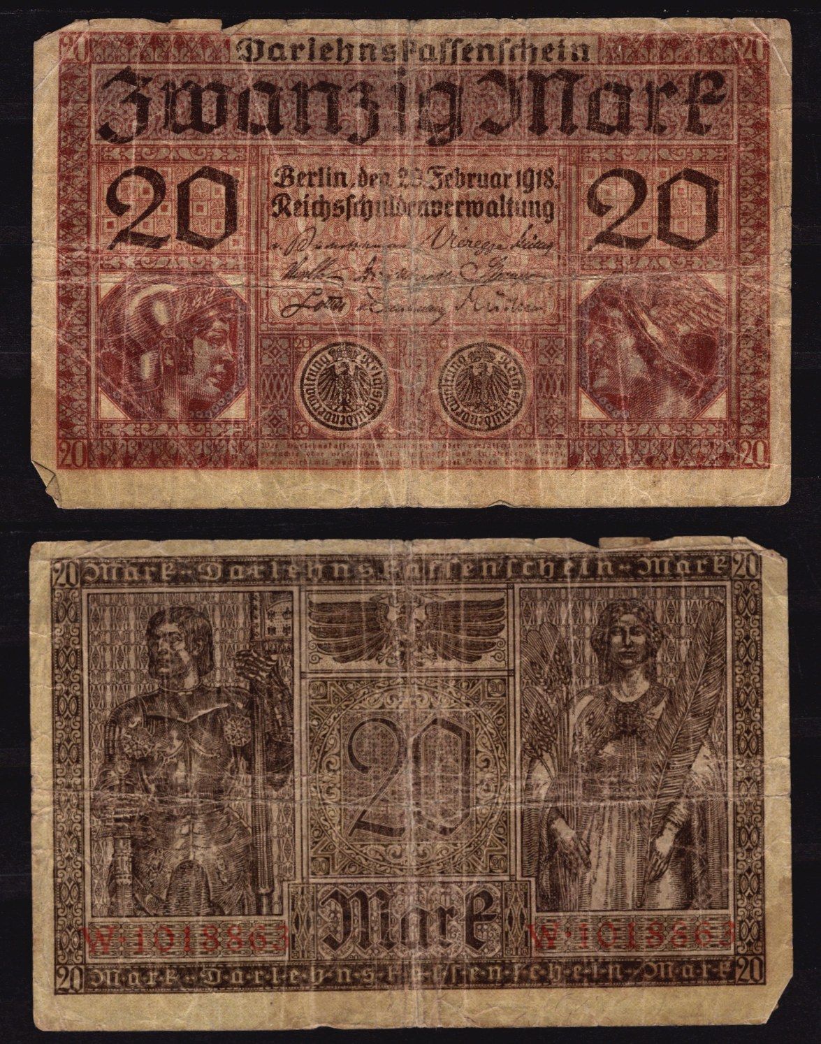 Германия 20 марок 1918 Изображение римской богини Минервы слева и бога Меркурия справа; мужчина в доспехах слева, женщина справа. Pick 57 бумага 6289-55-2-1