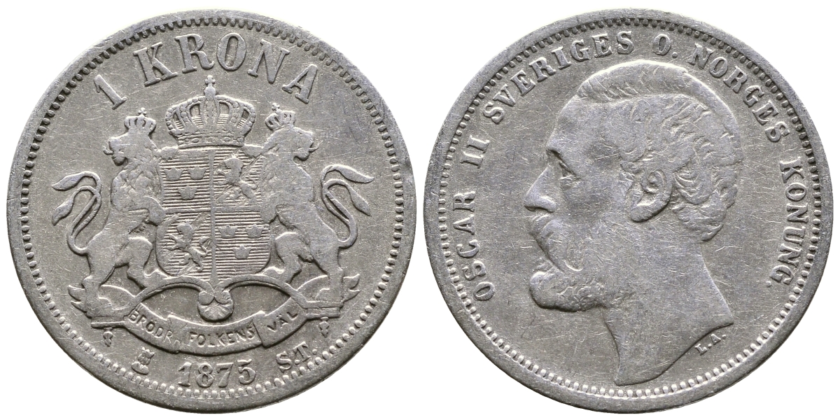 Швеция 1 крона 1875 ST, Оскар II (1872-1907) король Швеции и Норвегии KM 741 серебро 4178-421