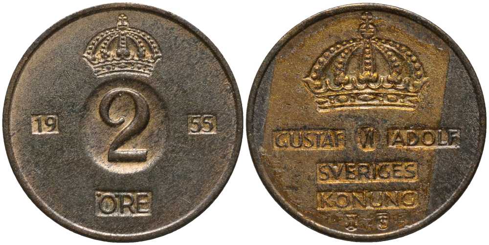 Швеция 2 эре 1955 TS, Густав VI Адольф (1950-1973) KM 821 бронза 202-633