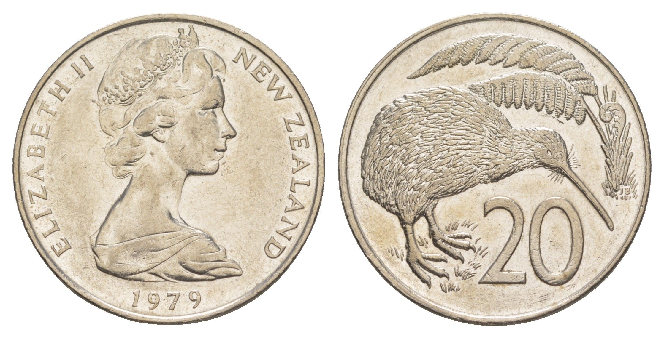 Новая Зеландия 20 центов 1979 Елизавета II (1952-2022), птичка киви KM 36 медно-никель 87-1011