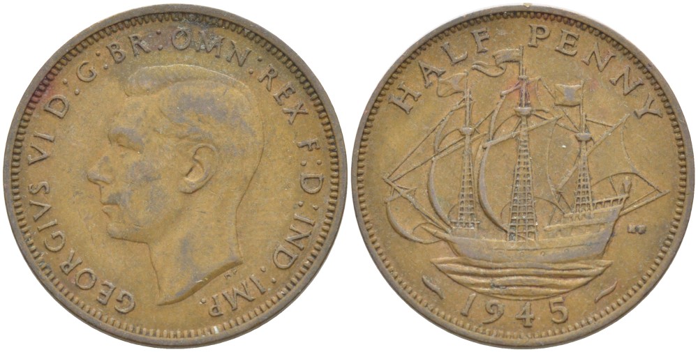 Великобритания 1/2 пенни 1945 Георг VI (1936-1952) KM 844, Spink 4115 бронза 65-124