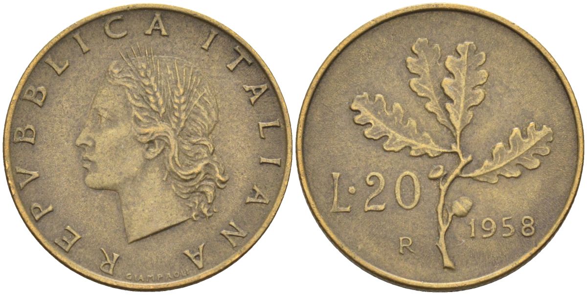 Италия 20 лир 1958 R, дубовая ветвь KM 97.1 алюминиевая бронза 4538-445