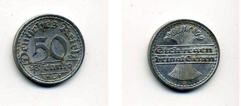 ГЕРМАНИЯ 50 ПФЕННИГОВ 1921 A KM 27, J. 301 алюминий 35-1235