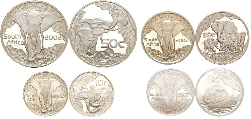 ЮАР набор из 4 монет 2002 Дикая природа 2002, слоны, 5, 10, 20, 50 центов (1/4 oz, 1/2 oz, 1 oz, 2 oz), в оригинальной коробке с сертификатом №0182, тираж 1000 экз, KM 351, 352, 353, 354 серебро PROOF 3-5-2-50