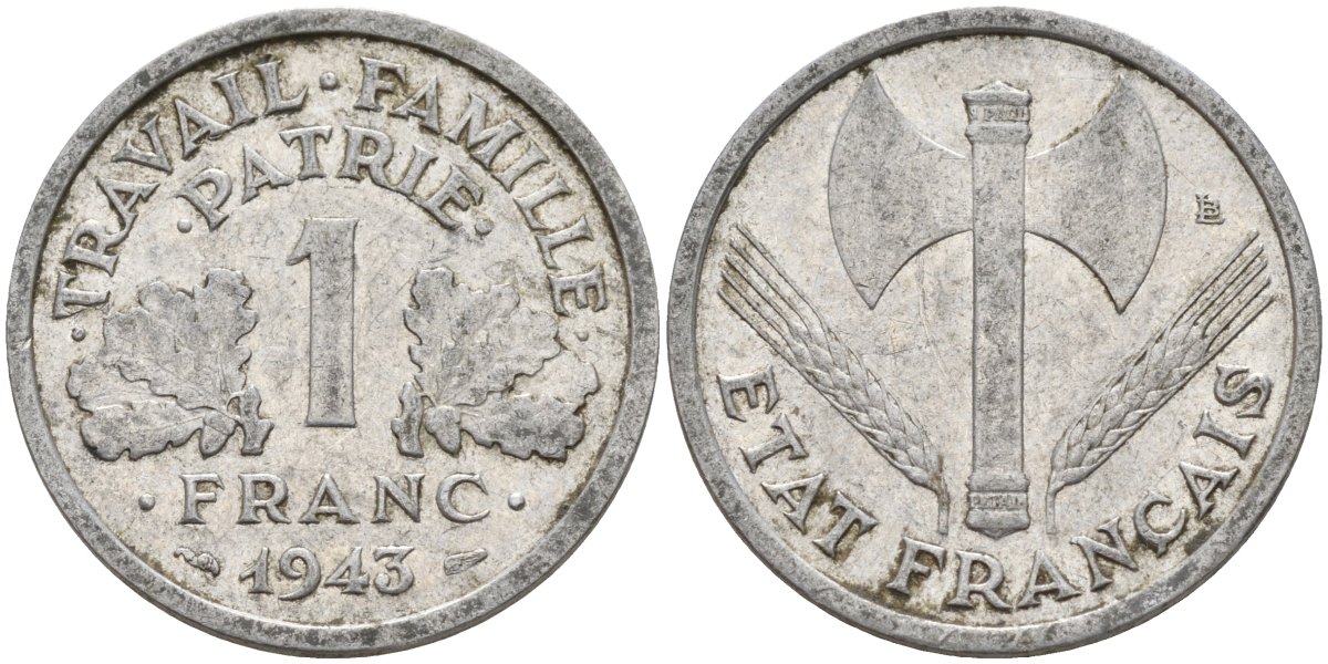 Франция 1 франк 1943 LB, тип Lourde, правительство Виши KM 902.1 алюминий 4142-926