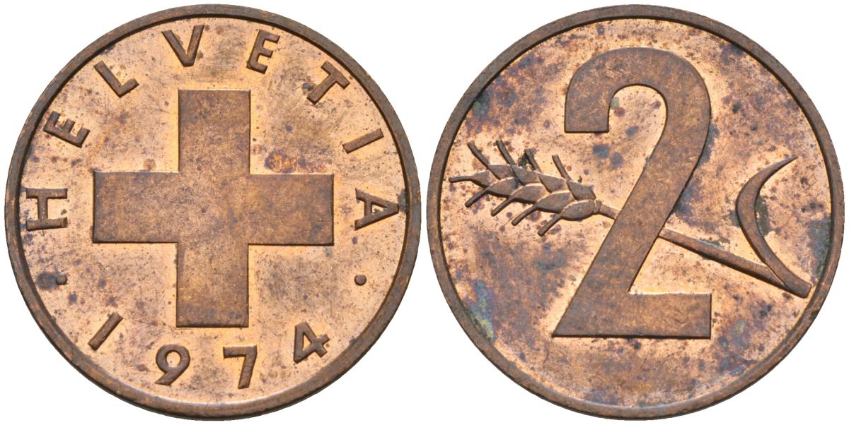 Швейцария 2 раппена 1974 KM 47 бронза 4592-746
