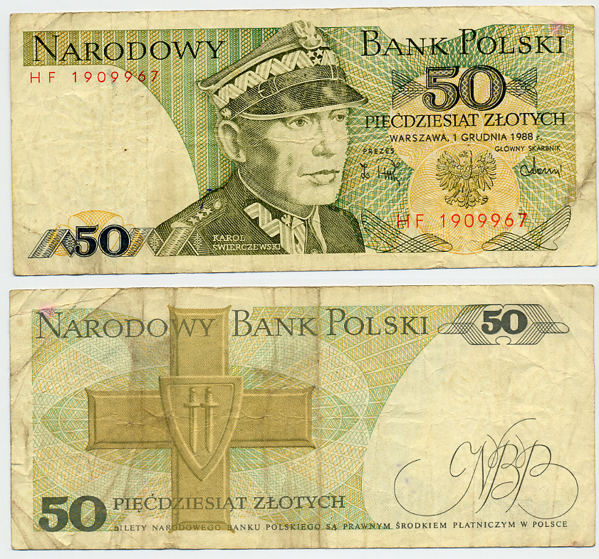 Польша 50 злотых 1988 Кароль Сверчевский, знак Грюнвальдского ордена Pick 142 c бумага 6317-13-3