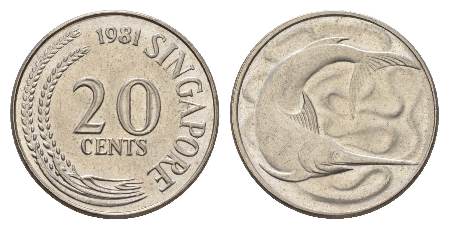 Сингапур 20 центов 1981 голубой марлин, тунец KM 4 медно-никель UNC 4401-446