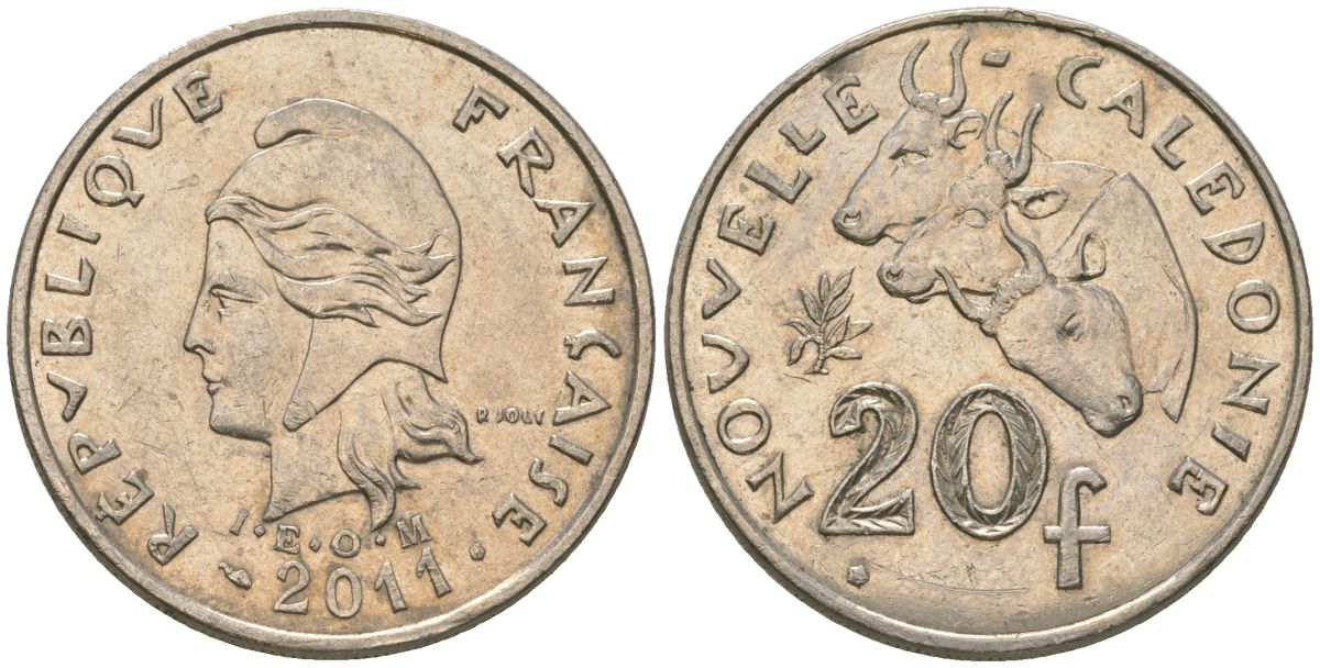 Французская Новая Каледония 20 франков 2011 три быка, (IEOM) KM 12a, Schoen 14a медно-никель 4137-432