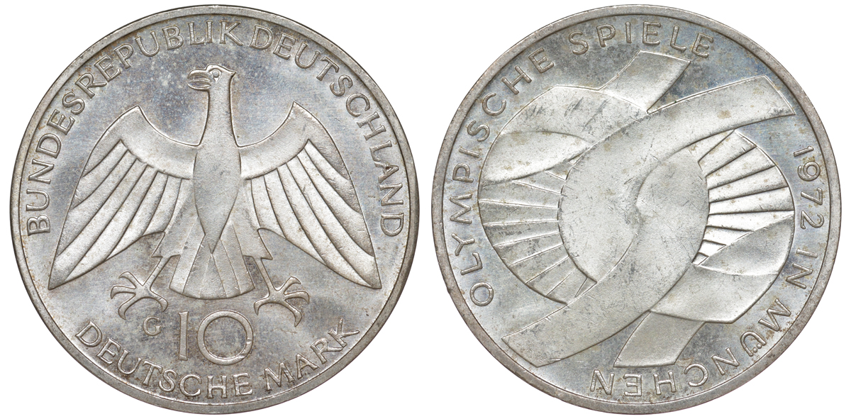 ФРГ 10 марок 1972 G, XX летние Олимпийские игры 1972 года в Мюнхене, символика KM 131, J.402 серебро aUNC 4178-814