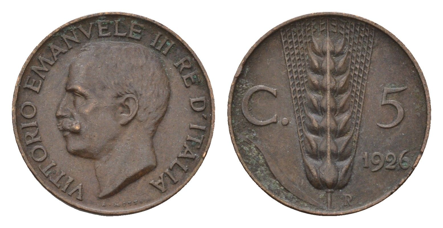 Италия 5 чентезимо 1926 Виктор Эммануил III (1900-1946) KM 59 бронза 4651-536