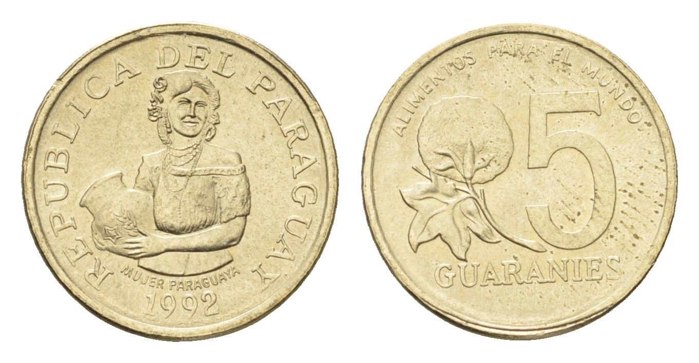 Парагвай 5 гуарани 1992 год-тип KM 166a никель латунь UNC 4668-969