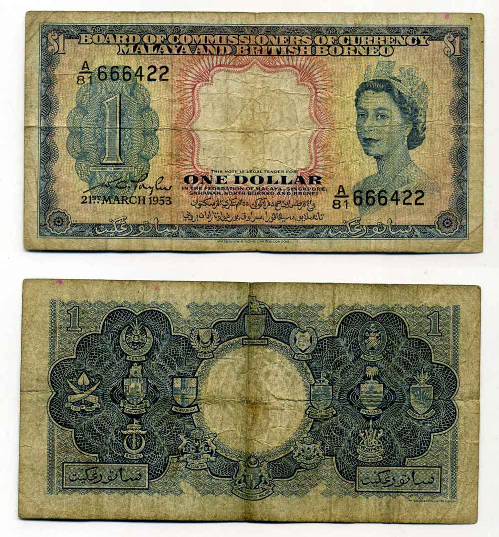 Малайя и Британское Борнео 1 доллар 1953 Елизавета II, 21 марта 1953 Pick 1a бумага 8589-30-3-1