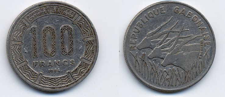 Габон 100 франков 1984 KM 13 никель 51-4523