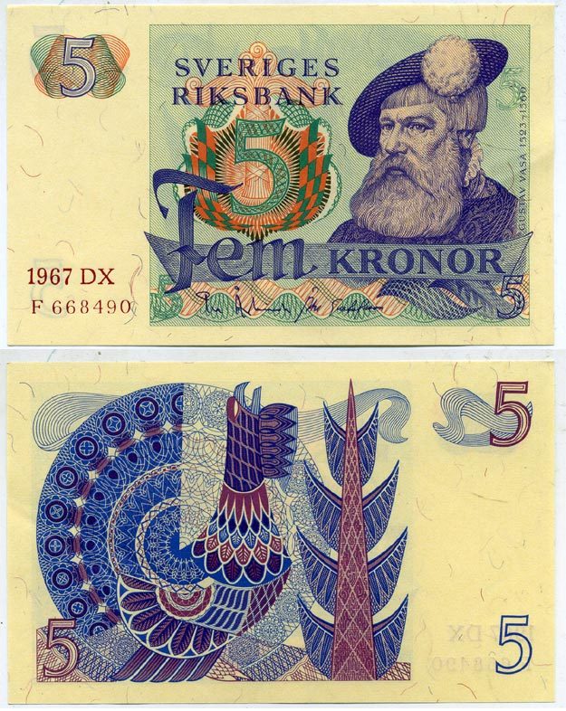 Швеция 5 крон 1967 DX, Густав I Ваза Pick 51a бумага aUNC 445-72-3