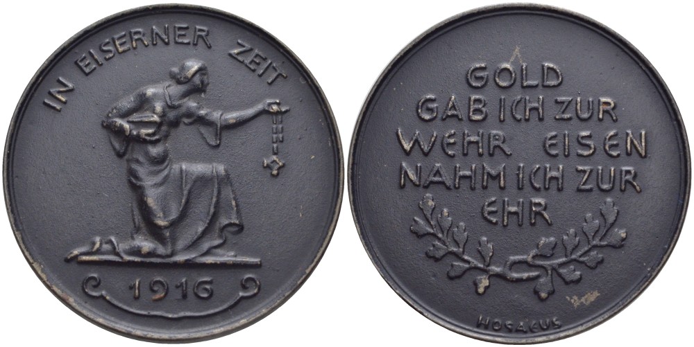 ГЕРМАНИЯ МЕДАЛЬ 1916 В ПАМЯТЬ ОБМЕНА ДРАГОЦЕННЫХ МЕТАЛЛОВ НА БУМАЖНЫЕ ДЕНЬГИ ДЛЯ НУЖД АРМИИ, ПЕРВАЯ МИРОВАЯ ВОЙНА, IN EISERNER ZEIT (В ЖЕЛЕЗНОЕ ВРЕМЯ), Я СДАЛ ЗОЛОТО НА ЖЕЛЕЗО ДЛЯ ВОЙНЫ, ДИАМЕТР 40 ММ. железо 1088-2-24