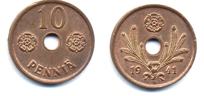 ФИНЛЯНДИЯ 10 ПЕННИ 1941 KM 33.1 медь 51-4938