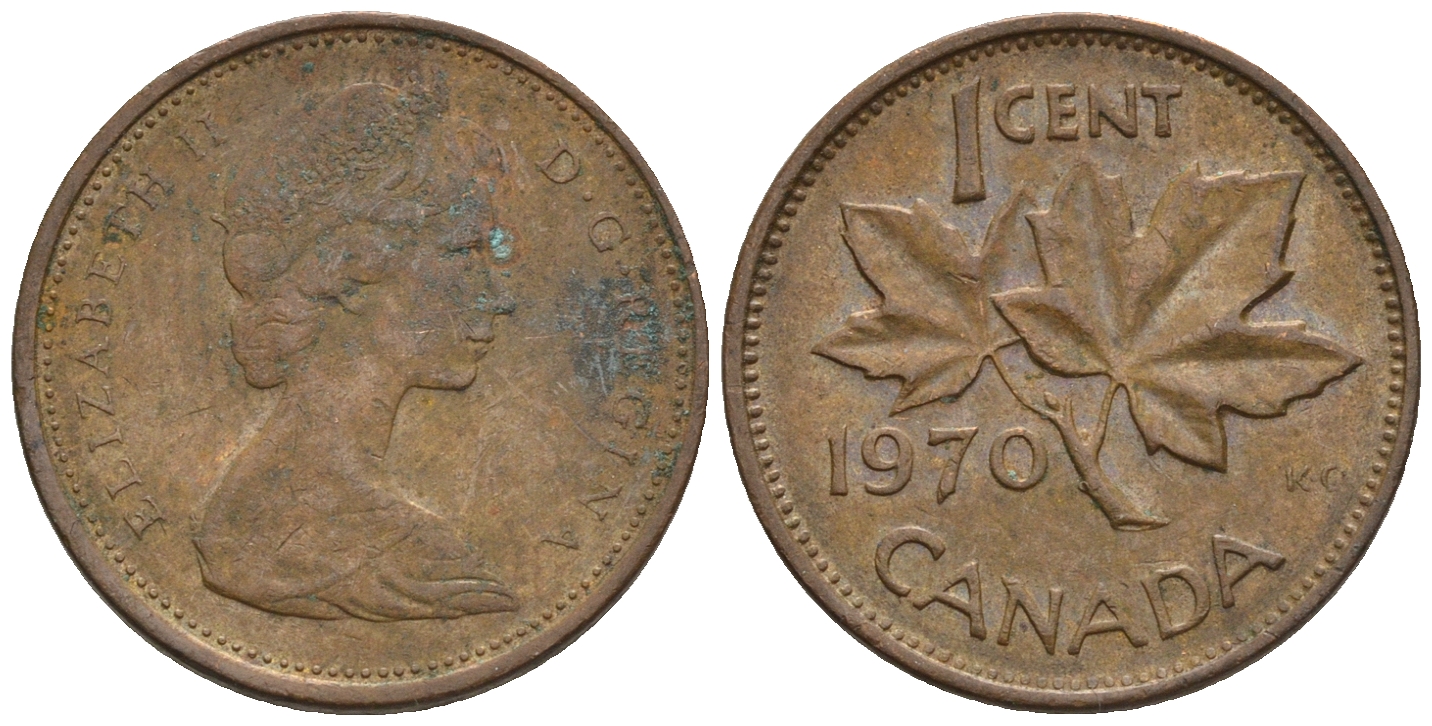 Канада 1 цент 1970 Елизавета II (1952-2022), кленовый лист KM 59.1 бронза 4609-135