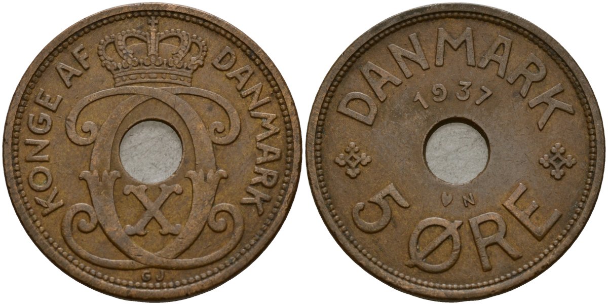 Дания 5 эре 1937 N; GJ, Кристиан X (1912-1947) KM 828 бронза 4187-854