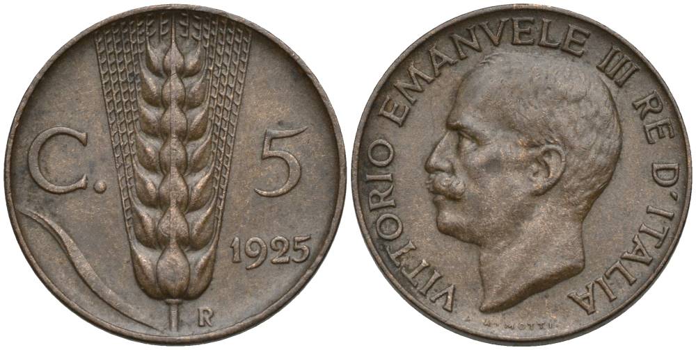 ИТАЛИЯ 5 ЧЕНТЕЗИМО 1925 R, ВИКТОР ЭММАНУИЛ III (1900-1946) KM 59 бронза 4548-1154