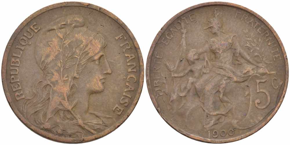 ФРАНЦИЯ 5 САНТИМОВ 1900 ТИП ДАНИЭЛЬ ДЮПЮИ KM 842, LE FRANC 119.9 бронза 108-823