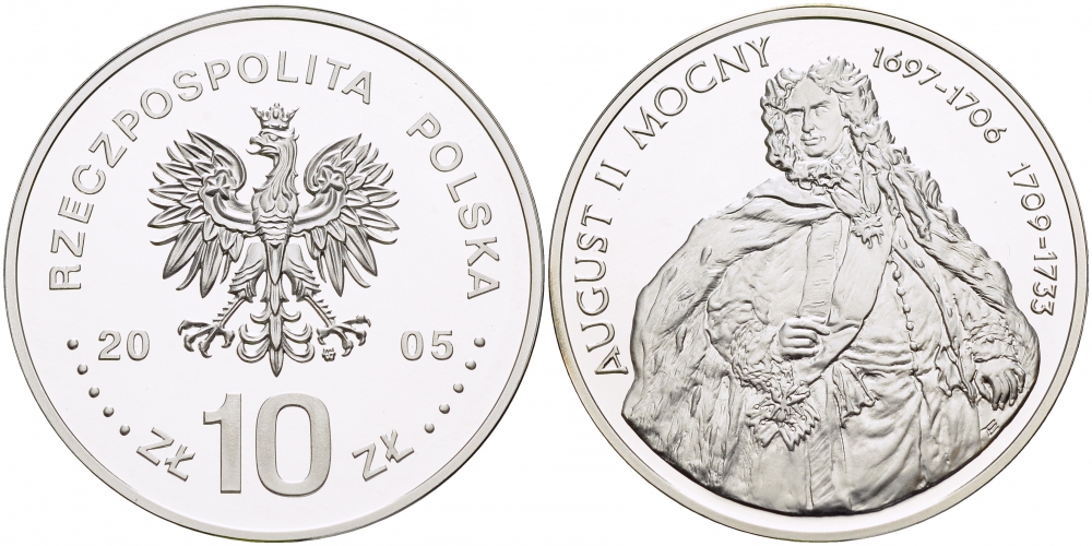 Польша 10 злотых 2005 MW, серия короли польши, Август II Сильный (1697-1706) (1709-1733) KM 461 серебро PROOF 1082-9-71