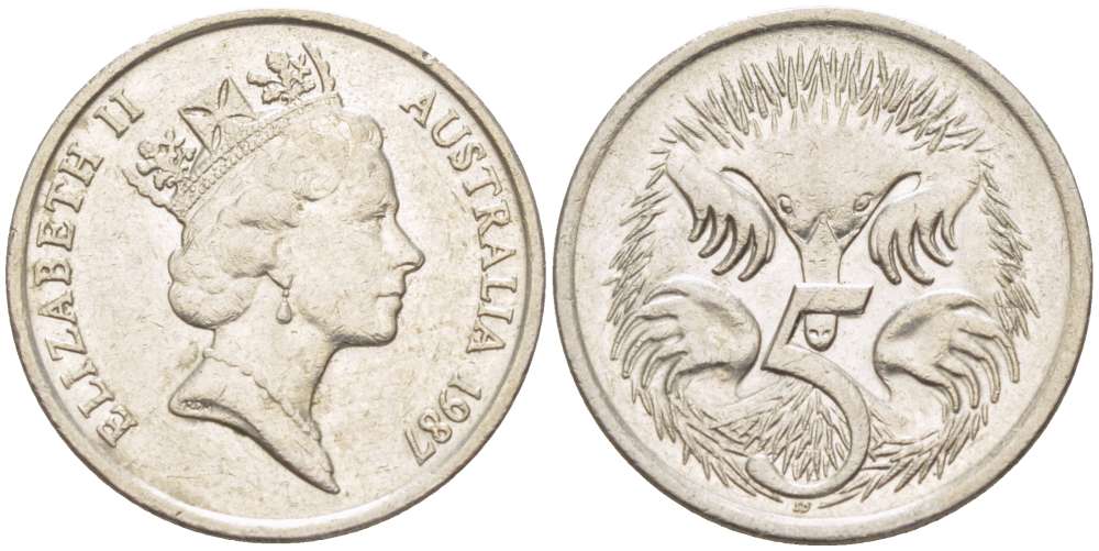 АВСТРАЛИЯ 5 ЦЕНТОВ 1987 ЕЛИЗАВЕТА II, ВТОРОЙ ПОРТРЕТ В КОРОНЕ, ЕХИДНА KM 80 медно-никель 4516-666
