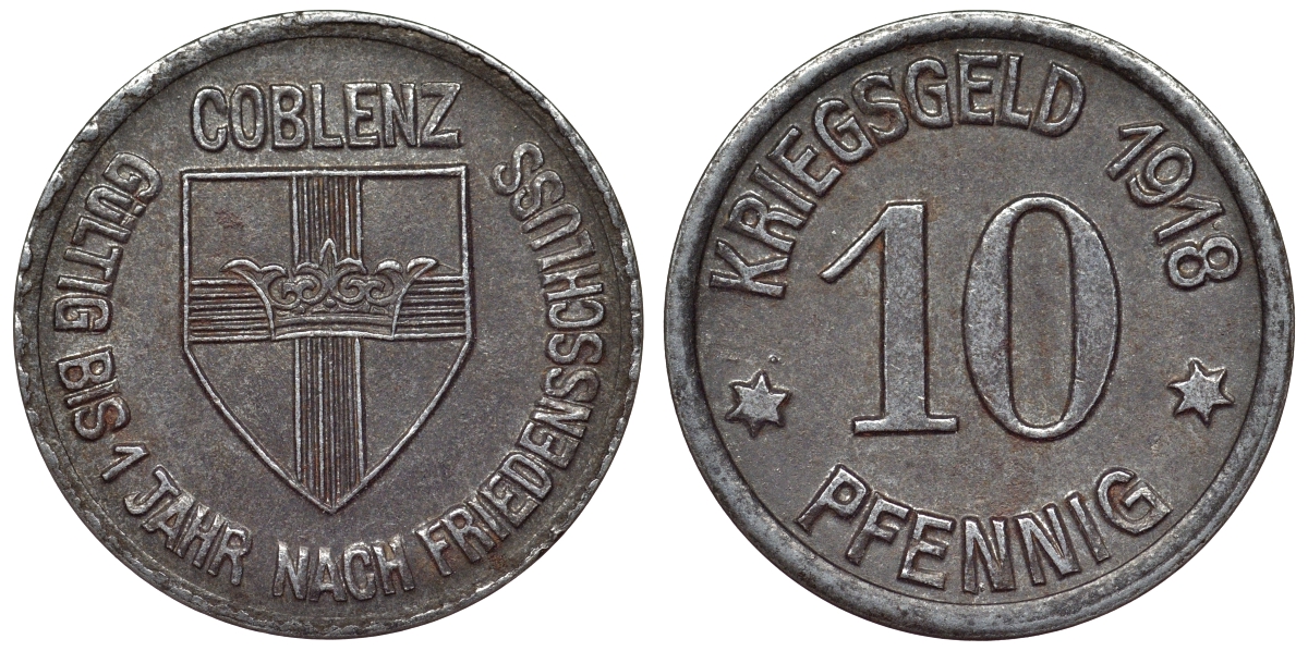 Германия, Кобленц 10 пфеннигов 1920 Рейнлянд-Пфальц, нотгельд Funck 80.3 железо 4119-1034