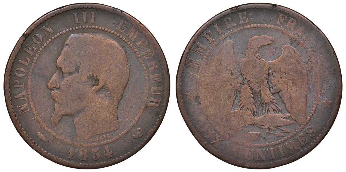 Франция 10 сантимов 1854 W, Наполеон III (1852-1870) KM 771.7, Le Franc 133.17 бронза 4123-313