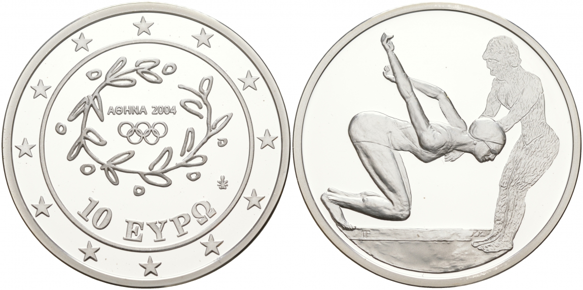 Греция 10 евро 2003 XXVIII летние Олимпийские игры 2004 года в Афинах, плавание KM 200 серебро PROOF 02-012-35