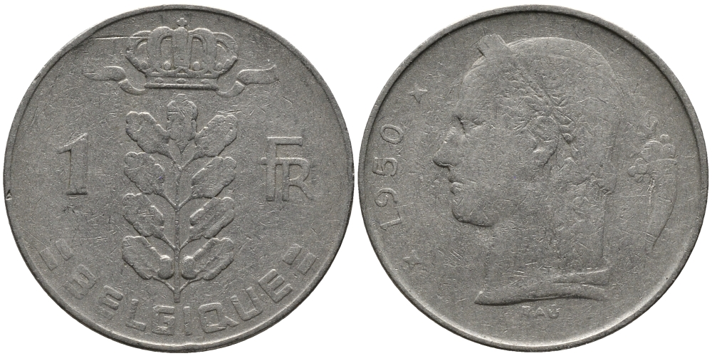 БЕЛЬГИЯ 1 ФРАНК 1950 BELGIQUE KM 142.1 медно-никель 98-614