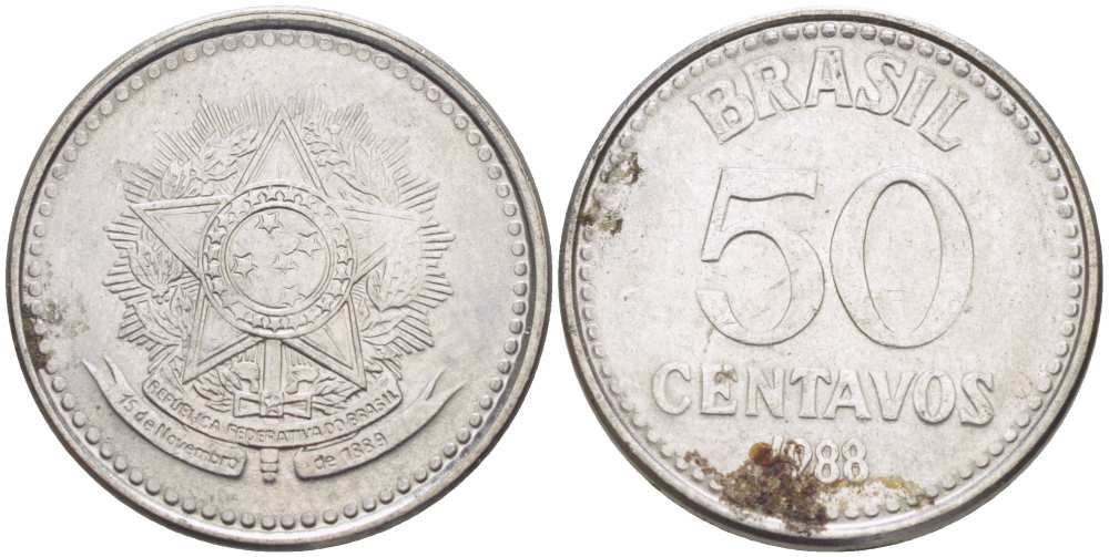 Бразилия 50 сентаво 1988 реформа 1986-1989 KM 604 нержавеющая сталь 3334-455