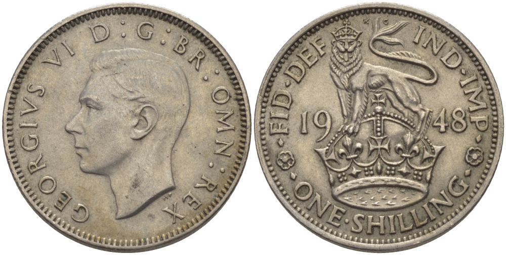 Великобритания 1 шиллинг 1948 Георг VI (1936-1952), Английский герб KM 863, Spink 4105 медно-никель 28-315