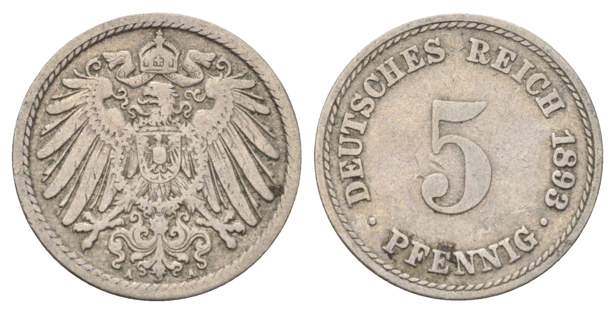 Германия 5 пфеннигов 1893 A KM 11, J. 12 медно-никель 4701-1025