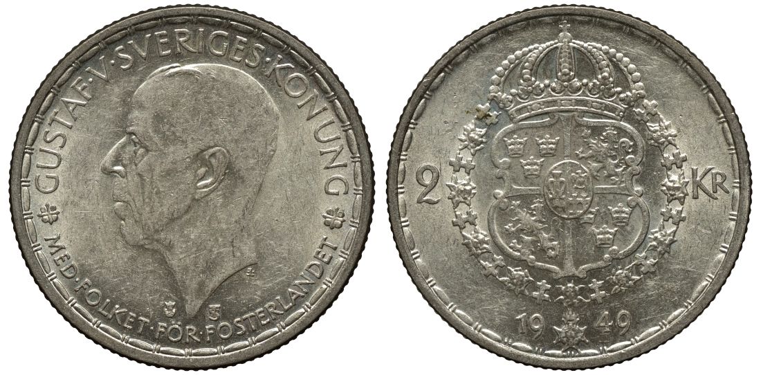 Швеция 2 кроны 1949 TS, Густав V (1907-1950) KM 815 серебро 221-621