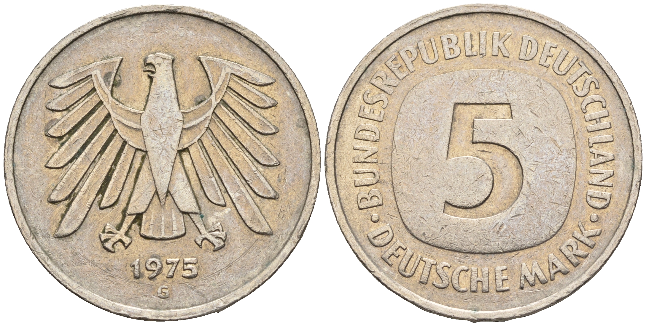 ФРГ 5 марок 1975 G, монетный двор Карлсруэ КМ 140.1, J. 415 медно-никель плакированный никелем 85-1147